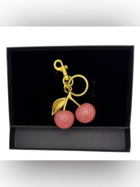 Gold Cherry Keychain with Pink Glitter Charms for Keys or Handbag- Gift for Her